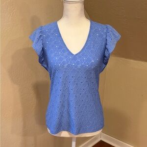 Michael Kors Floral Lace Eyelet Pull Over Blouse Blue Ruffled Sleeve XS